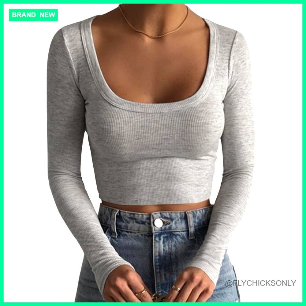 Long Sleeve Ribbed Crop Top Square Neck Slim Fit Basic Tee